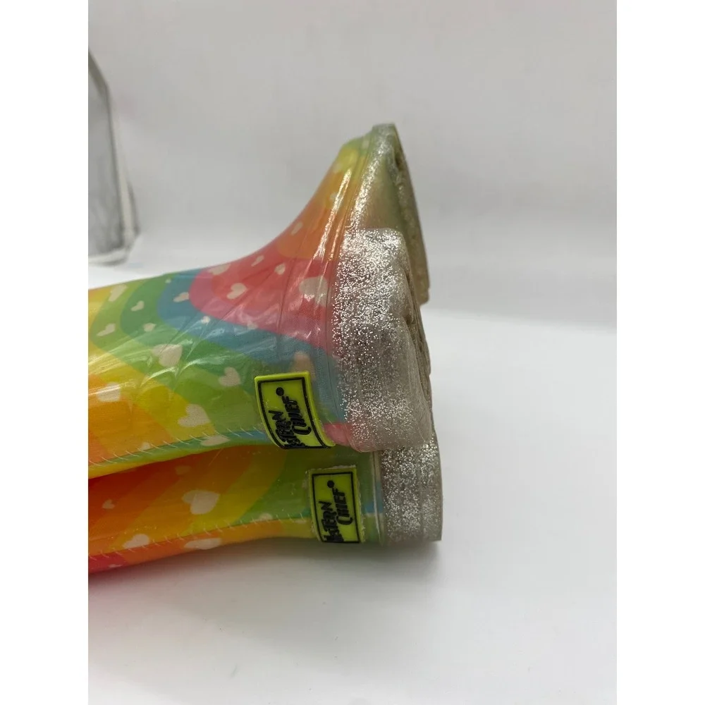 Western Chief Kids Heart Waves Lighted Rainbow Rain Boots Glitter Handles Size 9